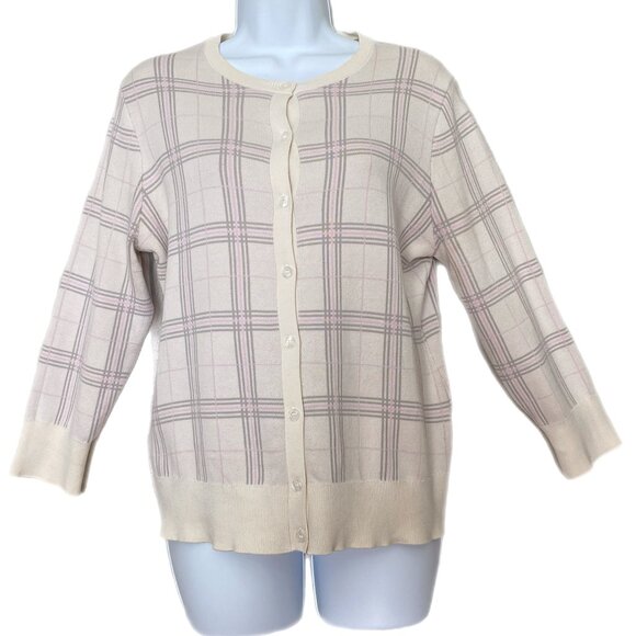 Ann Taylor Sweaters - Ann Taylor Plaid Cardigan Sweater Beige Gray Pink Button-up Size Long-Sleeve M